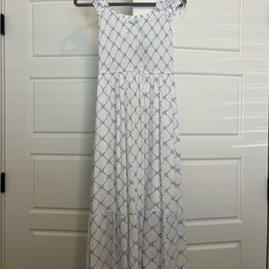 Boutique White Maxi Dress with Blue Lattice Print